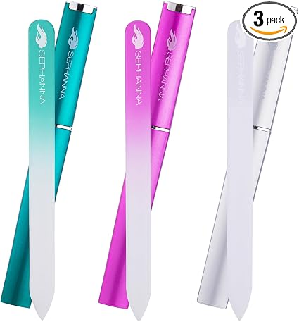 Sephanna 3 Pack Premium Crystal Glass Nail File for Natural Nails, Professional Glass Nail Files with case for Unisex, Portable Czech Glass Nail File Double Sided for Natural & Acrylic Nail Care
