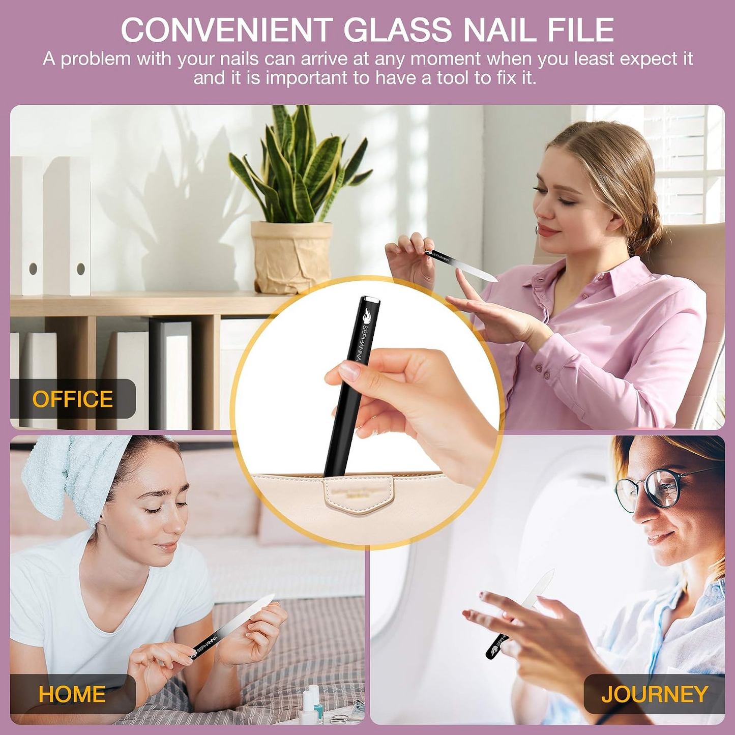 Premium Crystal Glass Nail File, Glass Nail Files with case for Unisex, Portable Glass Nail File Double Sided for Natural & Acrylic Nail Care (Black, Blue, Pink, Purple, Clear & Sea Green)